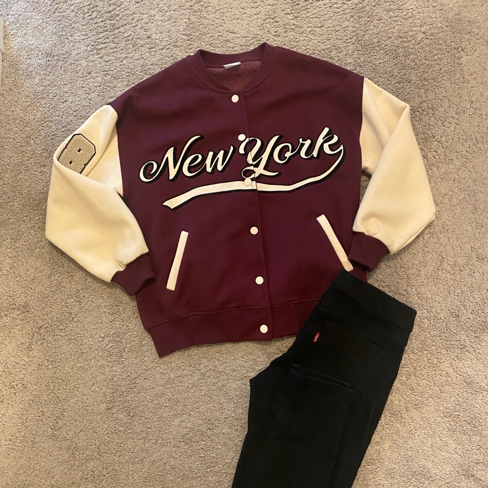 Zara Maroon and Cream Kids Jean Jacket